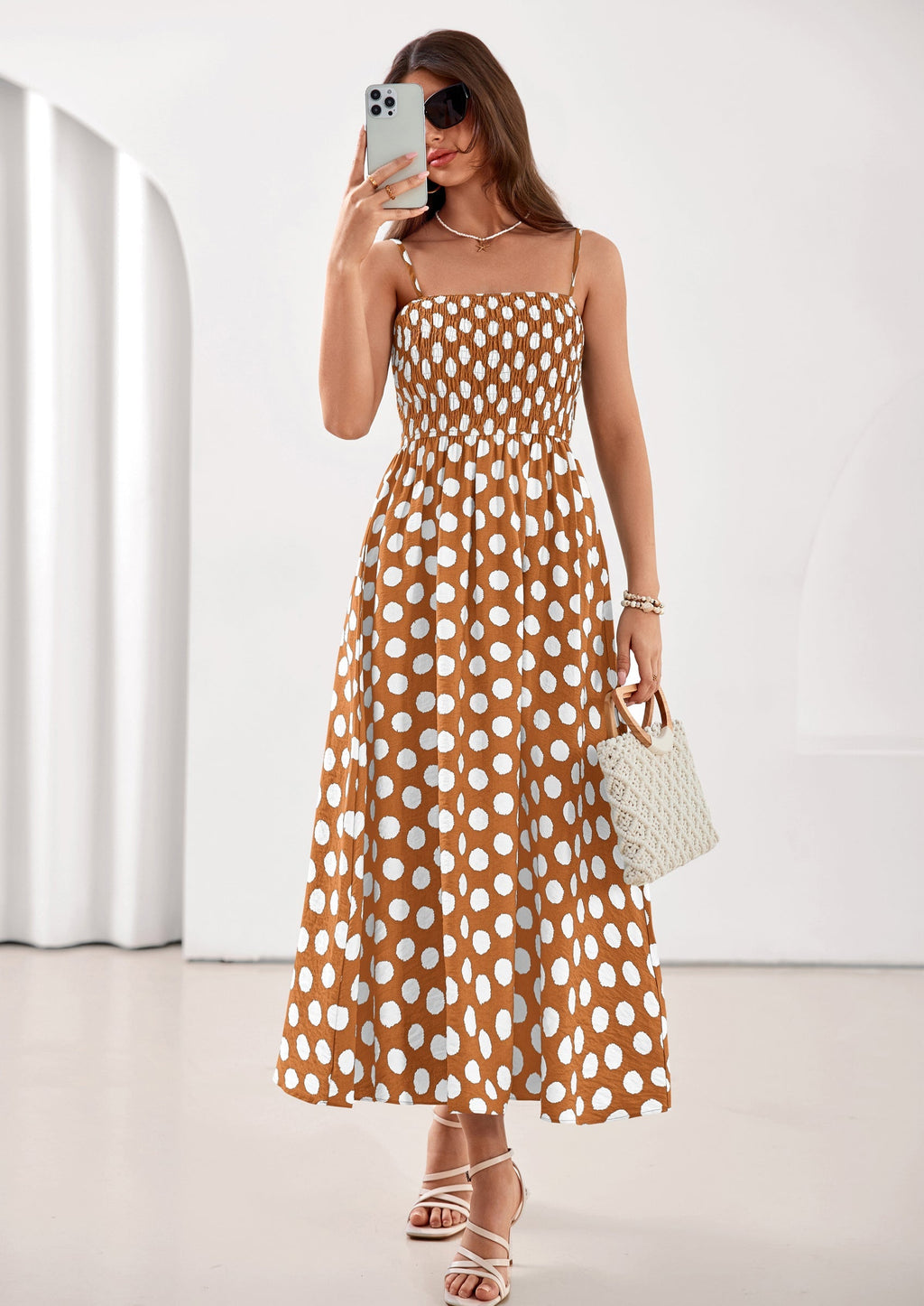 PRETTYGARDEN Womens Summer Dresses Spring Sleeveless Spaghetti Straps Casual Midi Dress Polka Dot Smocked Beach Sundress
