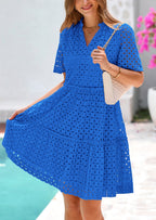 PRETTYGARDEN Women's Short Sleeve Mini Dress Summer V Neck Hollow Out Eyelet Ruffle A Line Swing Short Dresses