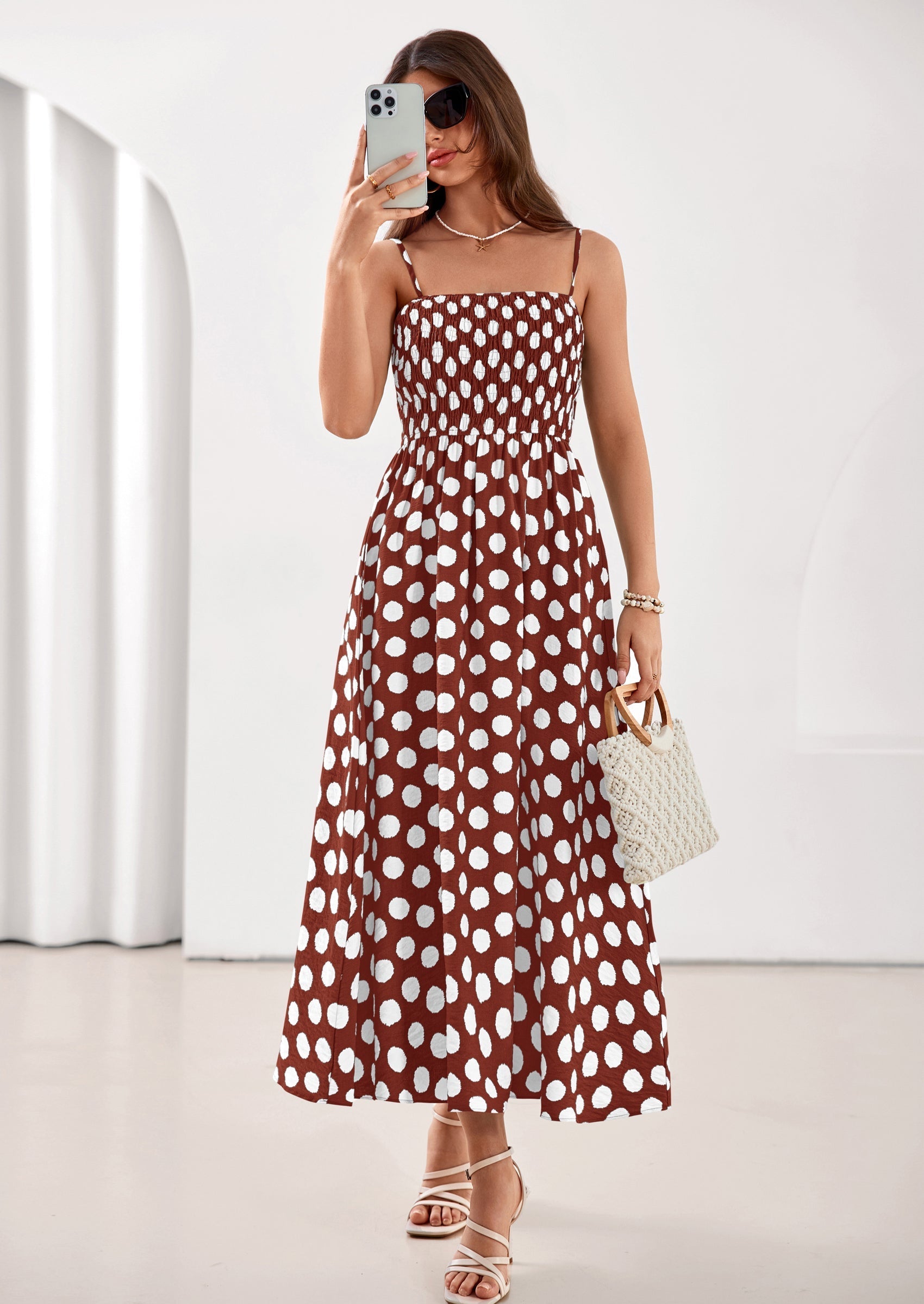 PRETTYGARDEN Womens Summer Dresses Spring Sleeveless Spaghetti Straps Casual Midi Dress Polka Dot Smocked Beach Sundress
