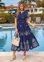 PRETTYGARDEN Boho Dresses for Women Summer Spring Casual Floral Short Sleeve V Neck Maxi Elastic Waist Dress Pockets