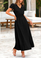 PRETTYGARDEN Women's Maxi Dresses Summer Trendy Cap Short Sleeve Button V Neck Casual Flowy Pleated Long Dress