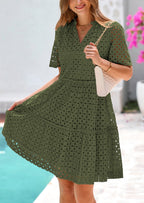 PRETTYGARDEN Women's Short Sleeve Mini Dress Summer V Neck Hollow Out Eyelet Ruffle A Line Swing Short Dresses