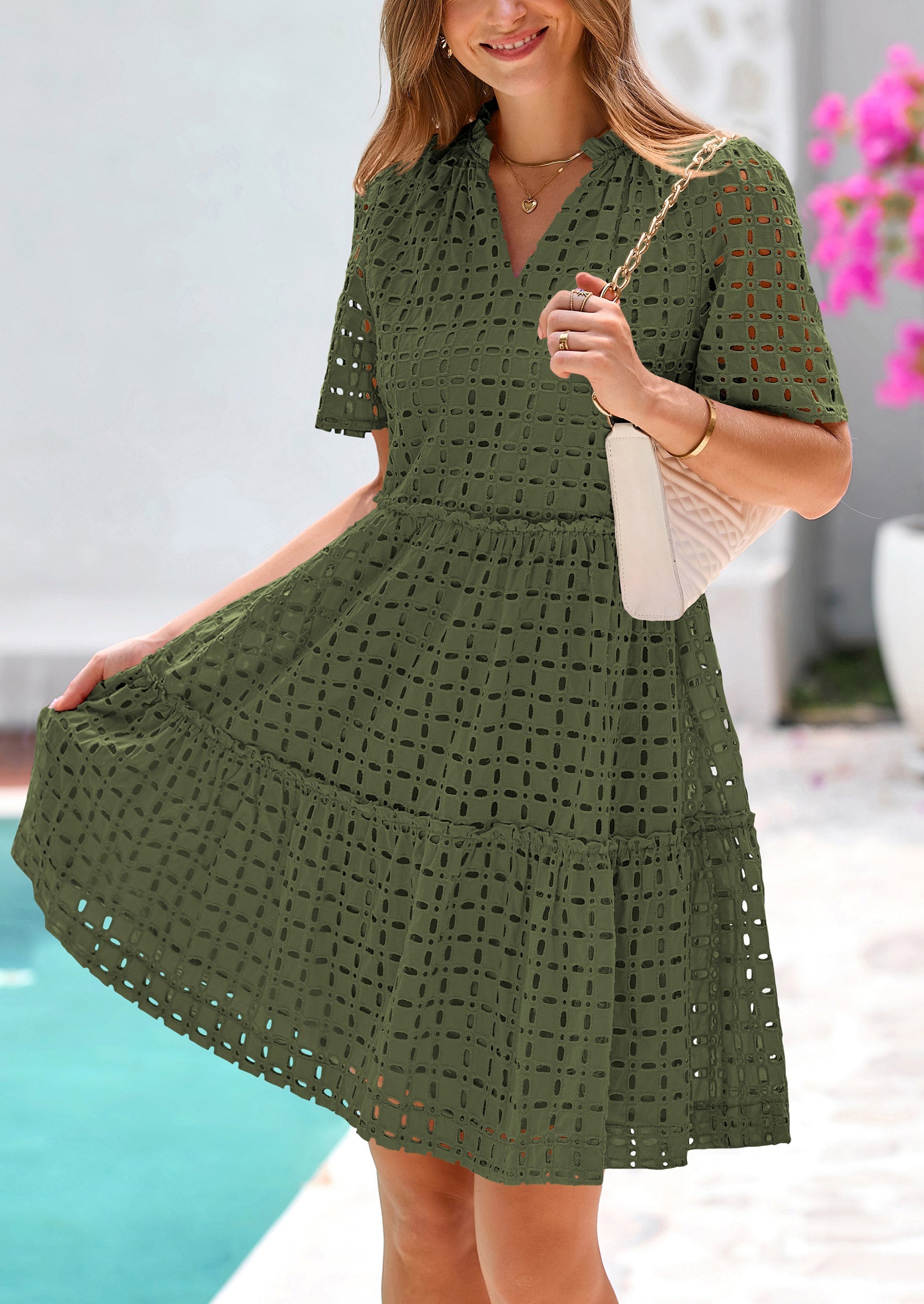 PRETTYGARDEN Women's Short Sleeve Mini Dress Summer V Neck Hollow Out Eyelet Ruffle A Line Swing Short Dresses