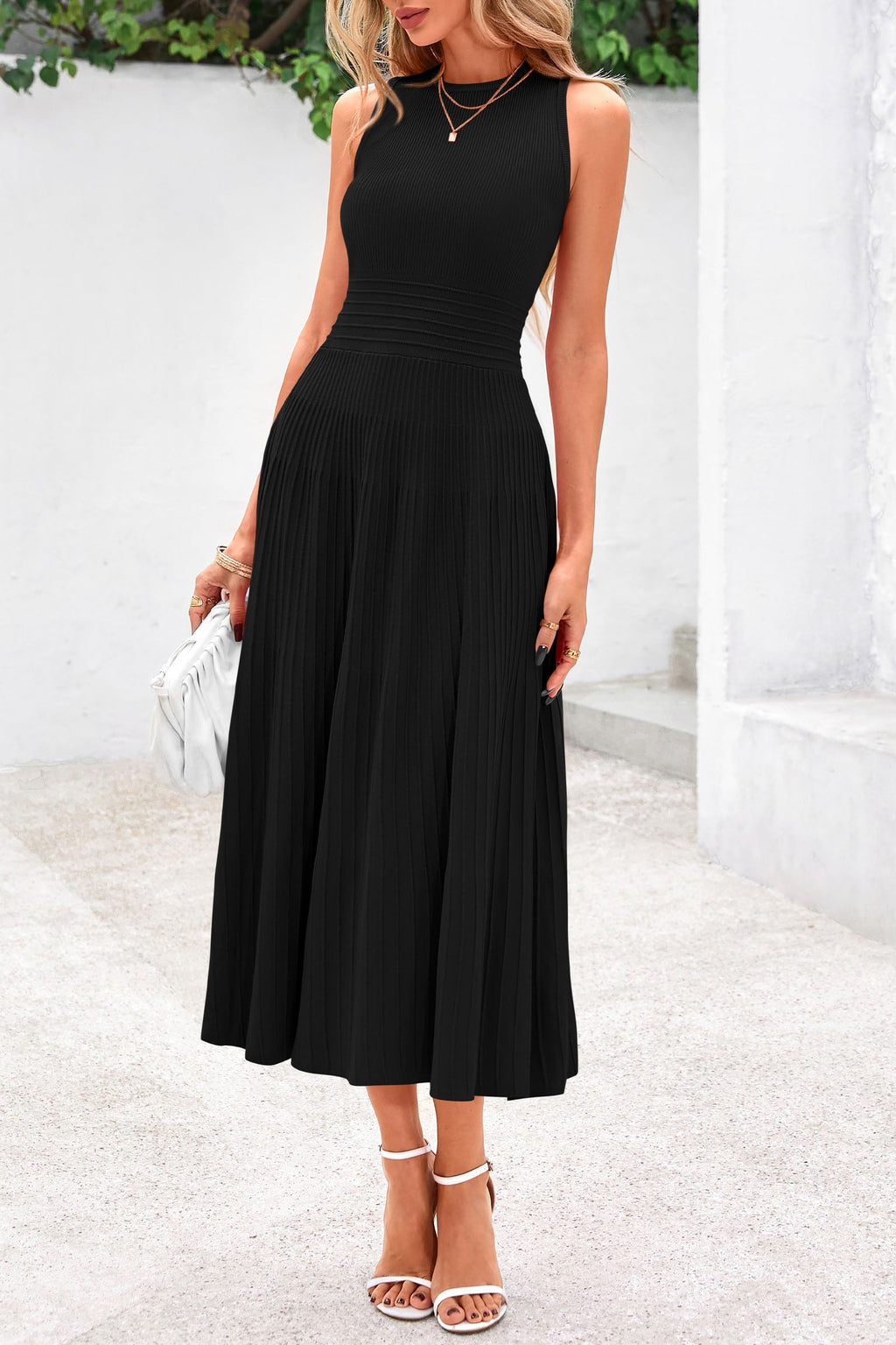 PRETTYGARDEN Spring Casual Dresses for Women Summer Business Work Midi Sleeveless A Line Pleated Cocktail Dress