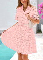PRETTYGARDEN Women's Short Sleeve Mini Dress Summer V Neck Hollow Out Eyelet Ruffle A Line Swing Short Dresses