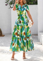 PRETTYGARDEN Women's Boho Maxi Dresses Floral Short Sleeve V Neck A Line Tiered Flowy Long Beach Vacation Dress