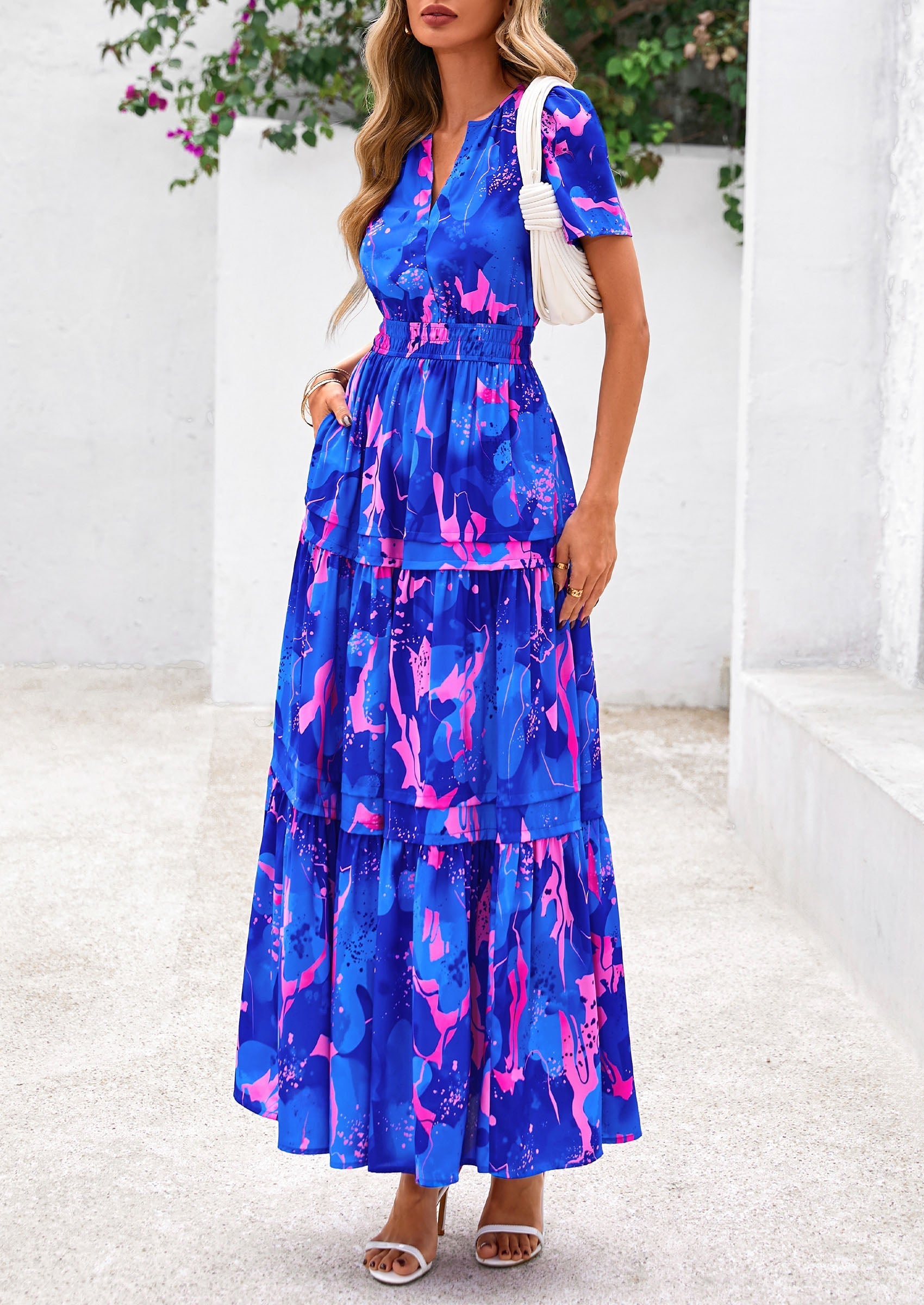 PRETTYGARDEN Women's Boho Maxi Dresses Floral Short Sleeve V Neck A Line Tiered Flowy Long Beach Vacation Dress