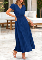PRETTYGARDEN Women's Maxi Dresses Summer Trendy Cap Short Sleeve Button V Neck Casual Flowy Pleated Long Dress