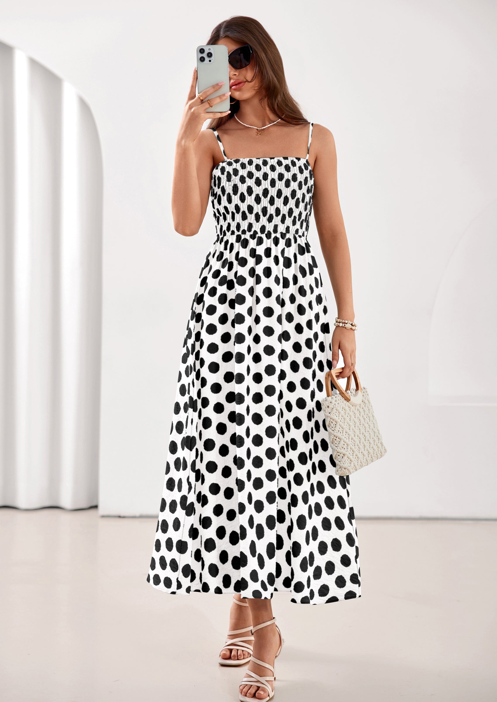 PRETTYGARDEN Womens Summer Dresses Spring Sleeveless Spaghetti Straps Casual Midi Dress Polka Dot Smocked Beach Sundress