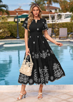 PRETTYGARDEN Boho Dresses for Women Summer Spring Casual Floral Short Sleeve V Neck Maxi Elastic Waist Dress Pockets