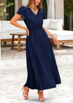 PRETTYGARDEN Women's Maxi Dresses Summer Trendy Cap Short Sleeve Button V Neck Casual Flowy Pleated Long Dress