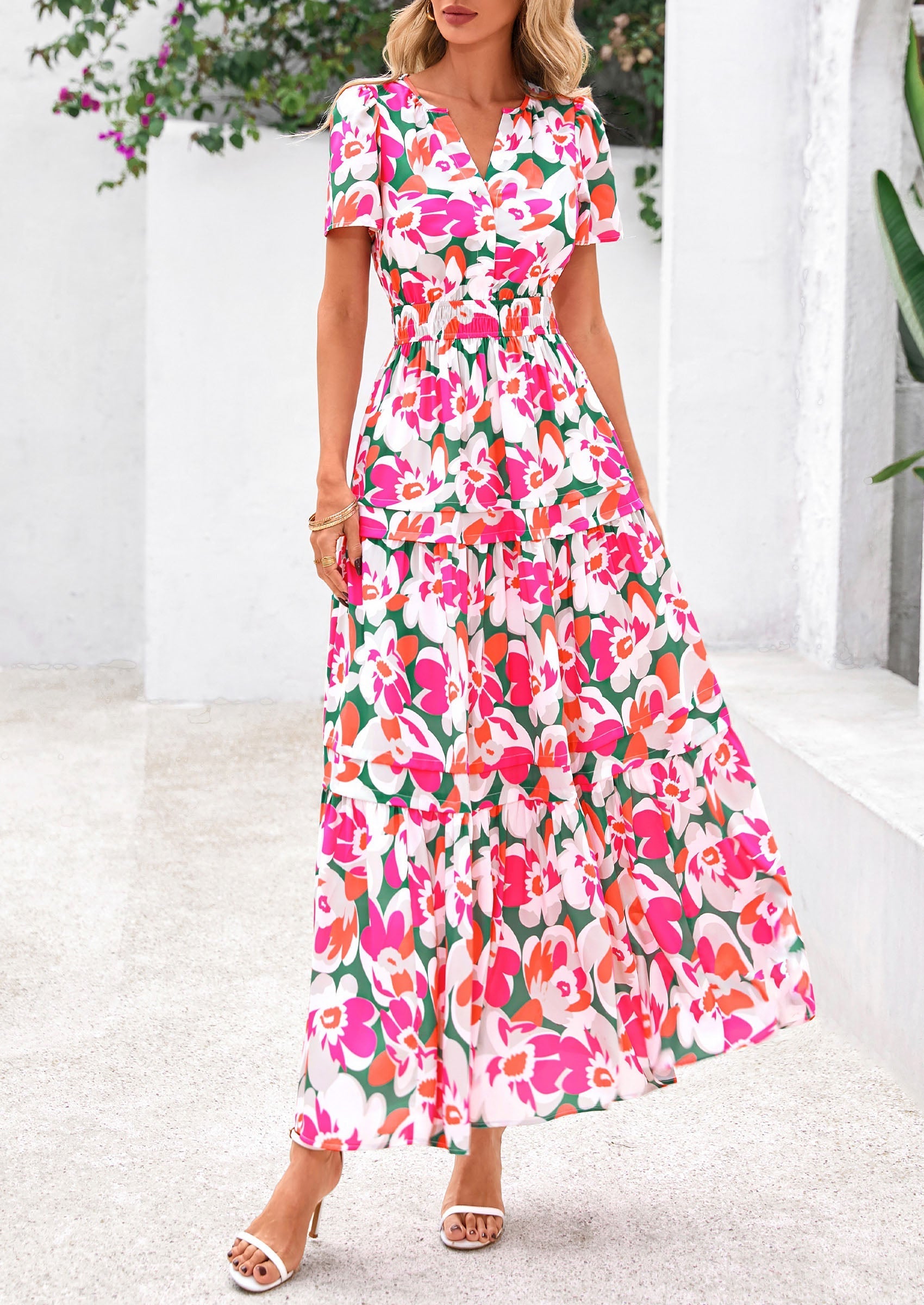 PRETTYGARDEN Women's Boho Maxi Dresses Floral Short Sleeve V Neck A Line Tiered Flowy Long Beach Vacation Dress