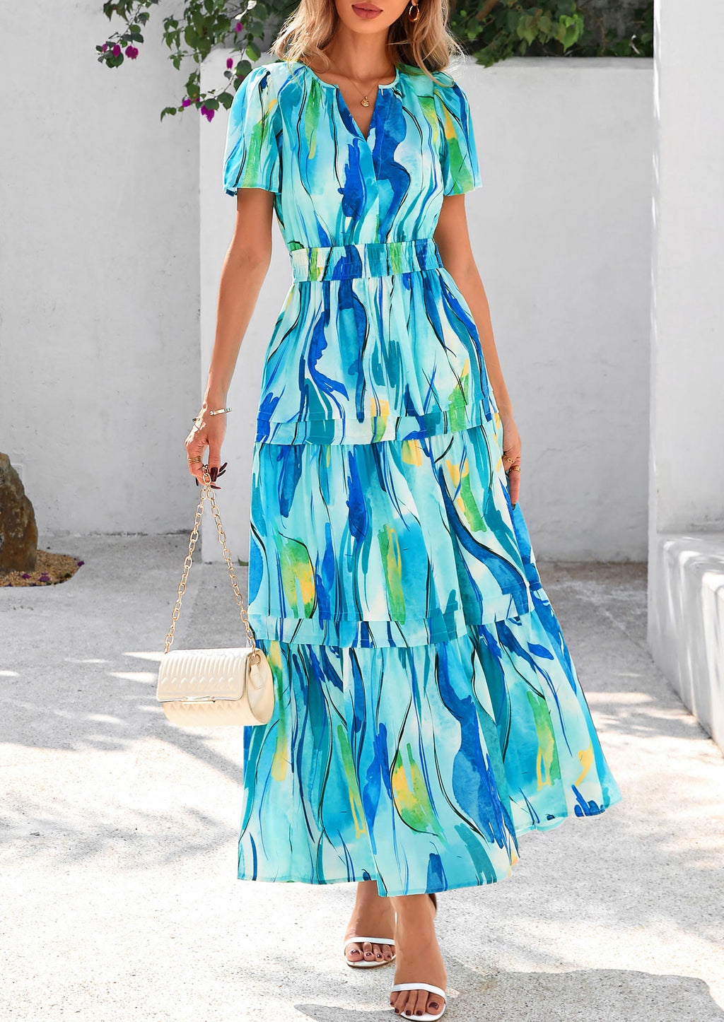 PRETTYGARDEN Women's Boho Maxi Dresses Floral Short Sleeve V Neck A Line Tiered Flowy Long Beach Vacation Dress