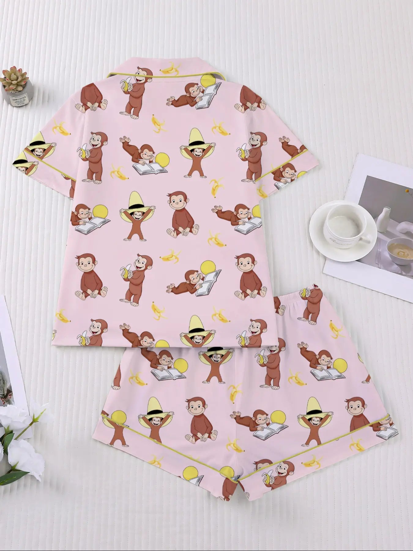 Women's Monkey Banana Print Sleepwear Set, Comfortable Short Sleeve Button Shirt & Loose Elastic Shorts, Fashion Casual Home Wear, Pajama Set, Matching Pj Set, Sleepwear Pajamas Set
