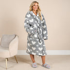 OHS Heart Print Teddy Marl Dressing Gown, Adults - Black