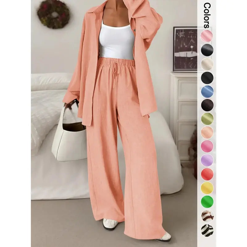 Women's Casual Sporty Shirt and Long Pants Set, Loose Button-Up Top and Wide-Leg Pants Two-Piece Set, Comfortable and Stylish