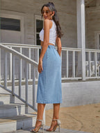OBlue Jeans Women's  Button Front Light Wash Denim Skirt, Casual Fashion Fitted Skirt for Daily Wear, Ladies Bottoms for All Seasons, T-Chic