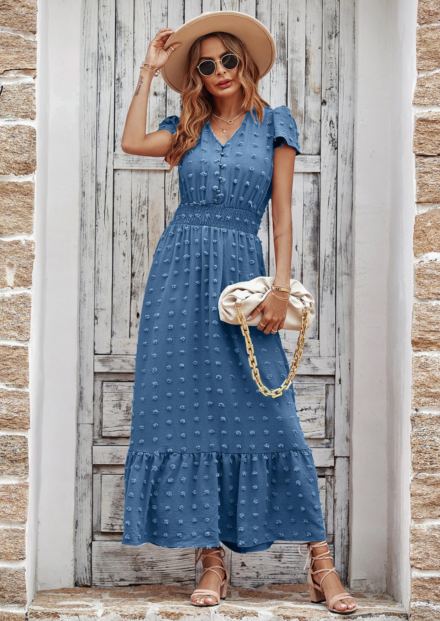 PRETTYGARDEN Womens Dresses Summer Maxi Dress Boho Short Sleeve V Neck Swiss Dot Ruffle Tiered Smocked Flowy Long Dress