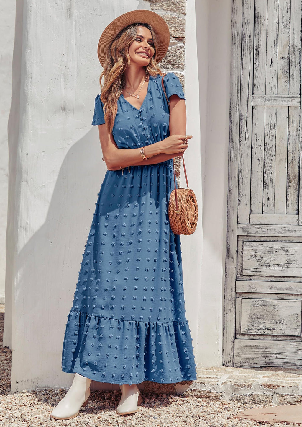 PRETTYGARDEN Womens Dresses Summer Maxi Dress Boho Short Sleeve V Neck Swiss Dot Ruffle Tiered Smocked Flowy Long Dress