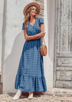 PRETTYGARDEN Womens Dresses Summer Maxi Dress Boho Short Sleeve V Neck Swiss Dot Ruffle Tiered Smocked Flowy Long Dress