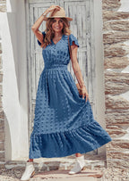 PRETTYGARDEN Womens Dresses Summer Maxi Dress Boho Short Sleeve V Neck Swiss Dot Ruffle Tiered Smocked Flowy Long Dress