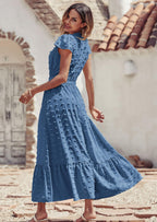 PRETTYGARDEN Womens Dresses Summer Maxi Dress Boho Short Sleeve V Neck Swiss Dot Ruffle Tiered Smocked Flowy Long Dress