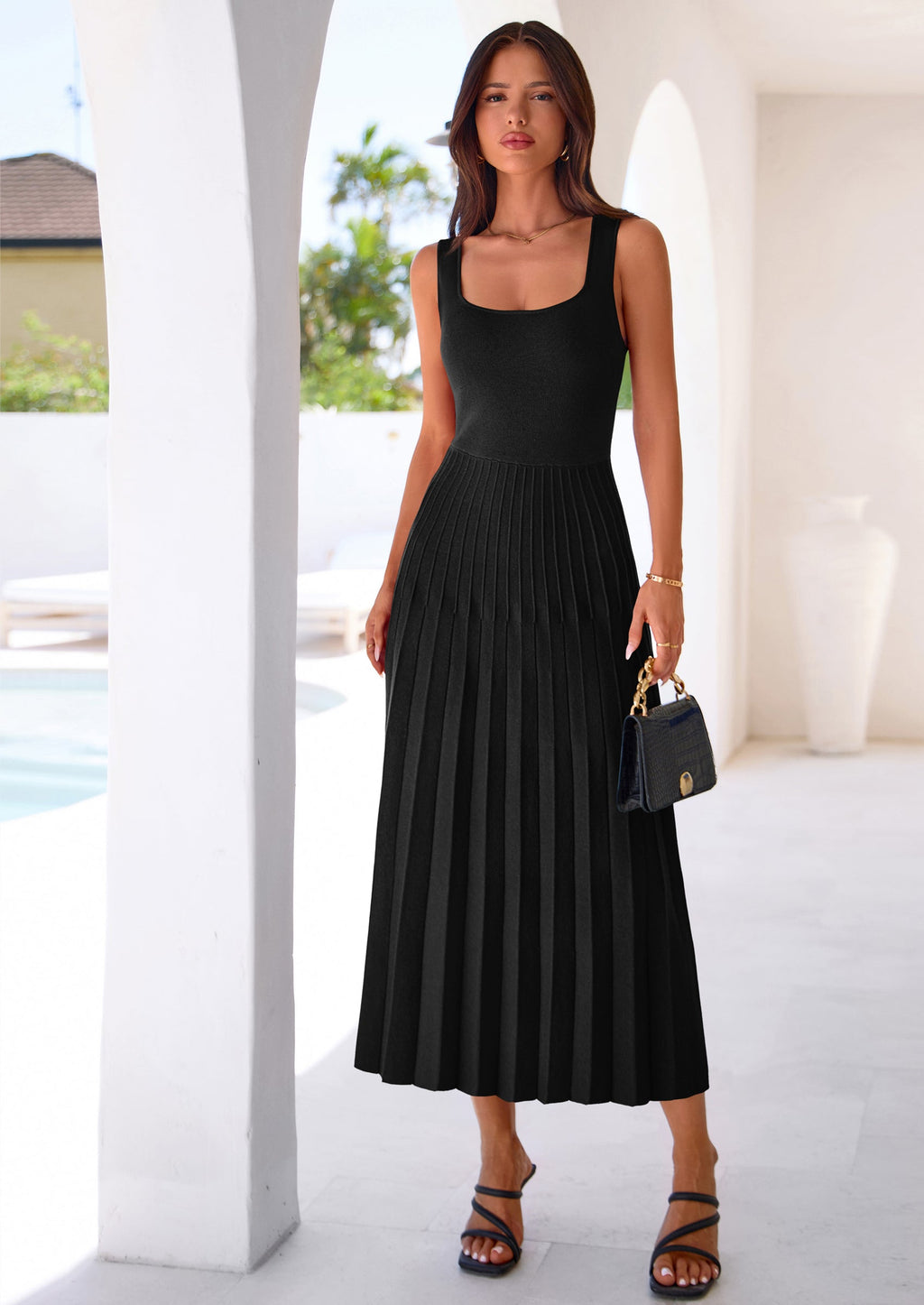 PRETTYGARDEN Spring Dresses for Women 2026 Summer Casual Sleeveless Square Neck A Line Knit Pleated Midi Cocktail Party Dress