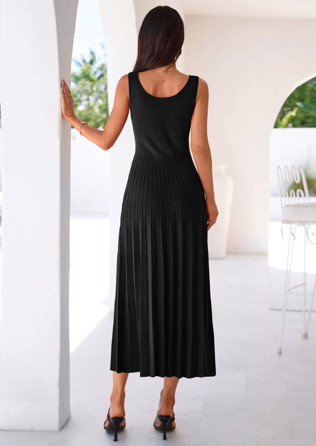 PRETTYGARDEN Spring Dresses for Women 2026 Summer Casual Sleeveless Square Neck A Line Knit Pleated Midi Cocktail Party Dress