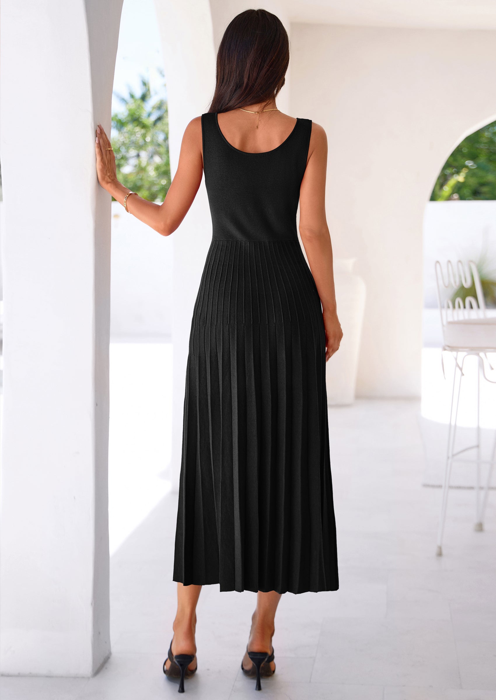 PRETTYGARDEN Spring Dresses for Women 2026 Summer Casual Sleeveless Square Neck A Line Knit Pleated Midi Cocktail Party Dress