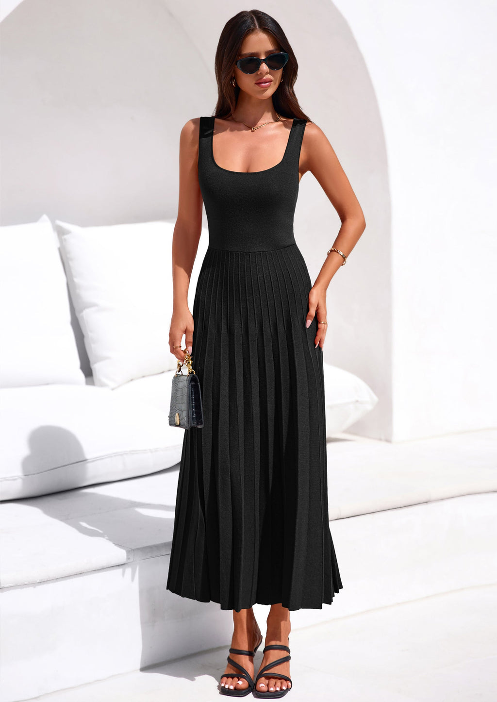 PRETTYGARDEN Spring Dresses for Women 2026 Summer Casual Sleeveless Square Neck A Line Knit Pleated Midi Cocktail Party Dress