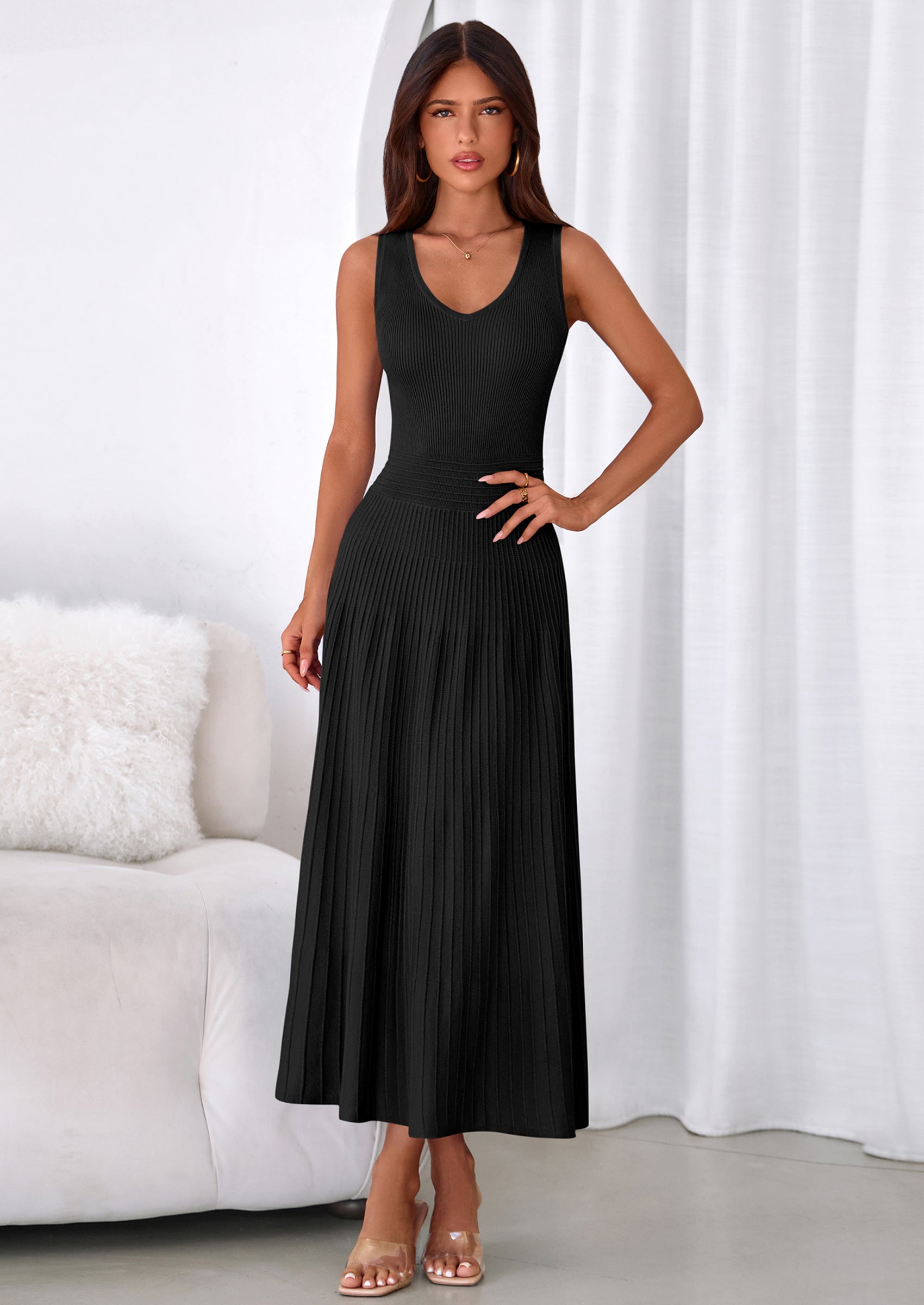 PRETTYGARDEN Women's Summer Casual Dresses Spring Sleeveless V Neck Midi Business Work A Line Pleated Cocktail Dress