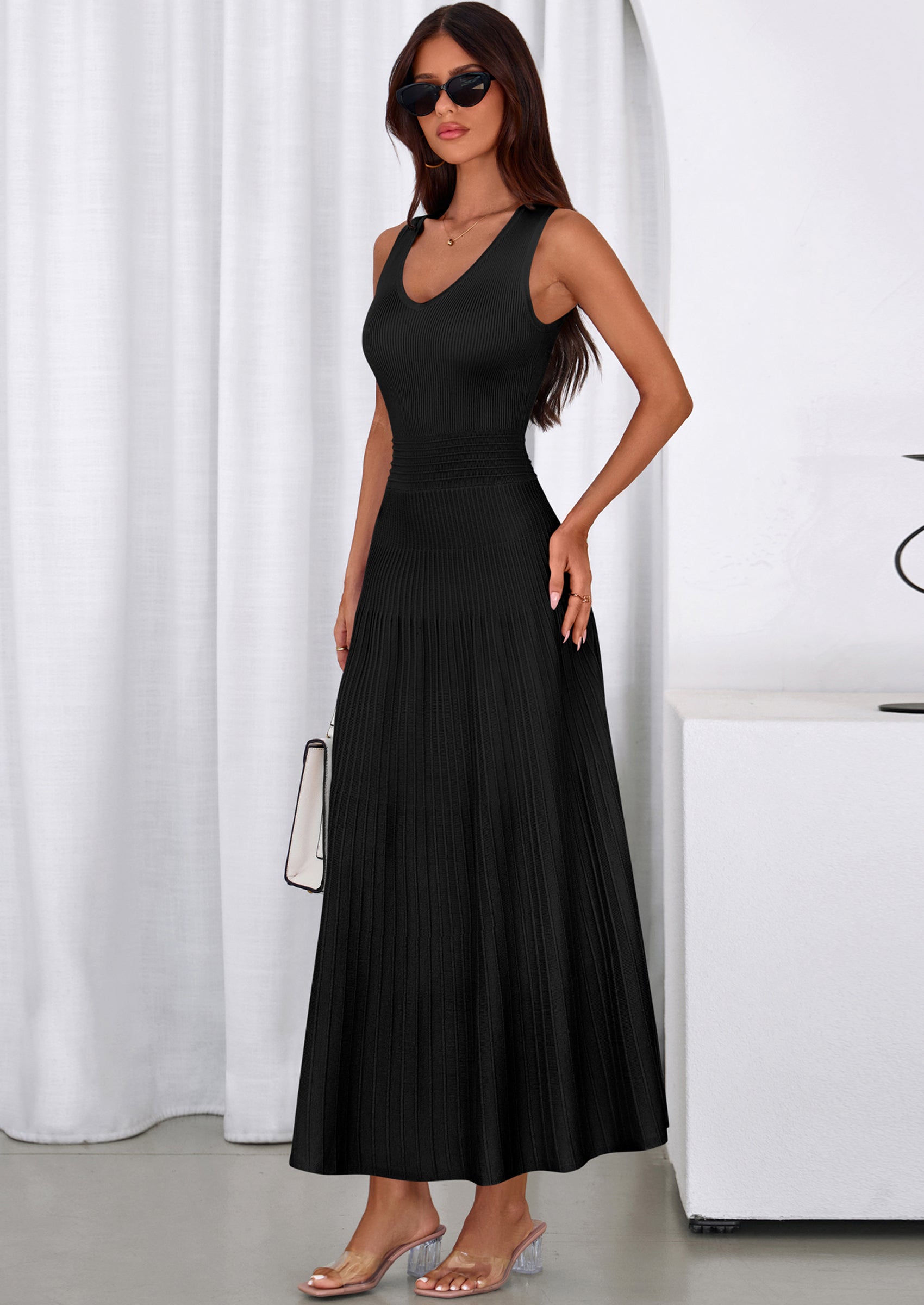 PRETTYGARDEN Women's Summer Casual Dresses Spring Sleeveless V Neck Midi Business Work A Line Pleated Cocktail Dress