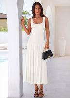 PRETTYGARDEN Spring Dresses for Women 2026 Summer Casual Sleeveless Square Neck A Line Knit Pleated Midi Cocktail Party Dress