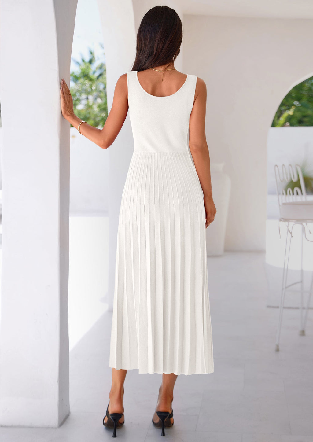 PRETTYGARDEN Spring Dresses for Women 2026 Summer Casual Sleeveless Square Neck A Line Knit Pleated Midi Cocktail Party Dress