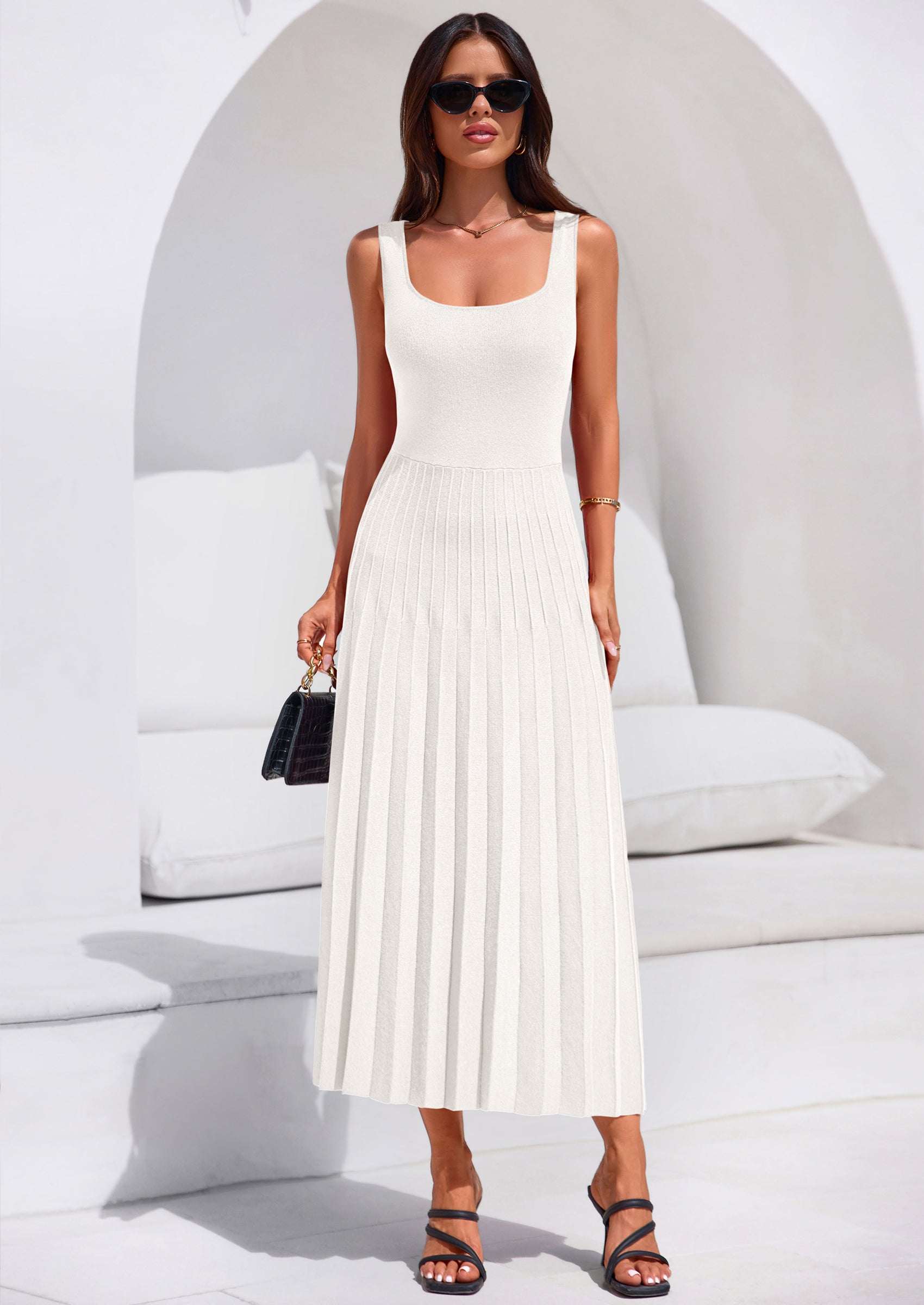 PRETTYGARDEN Spring Dresses for Women 2026 Summer Casual Sleeveless Square Neck A Line Knit Pleated Midi Cocktail Party Dress