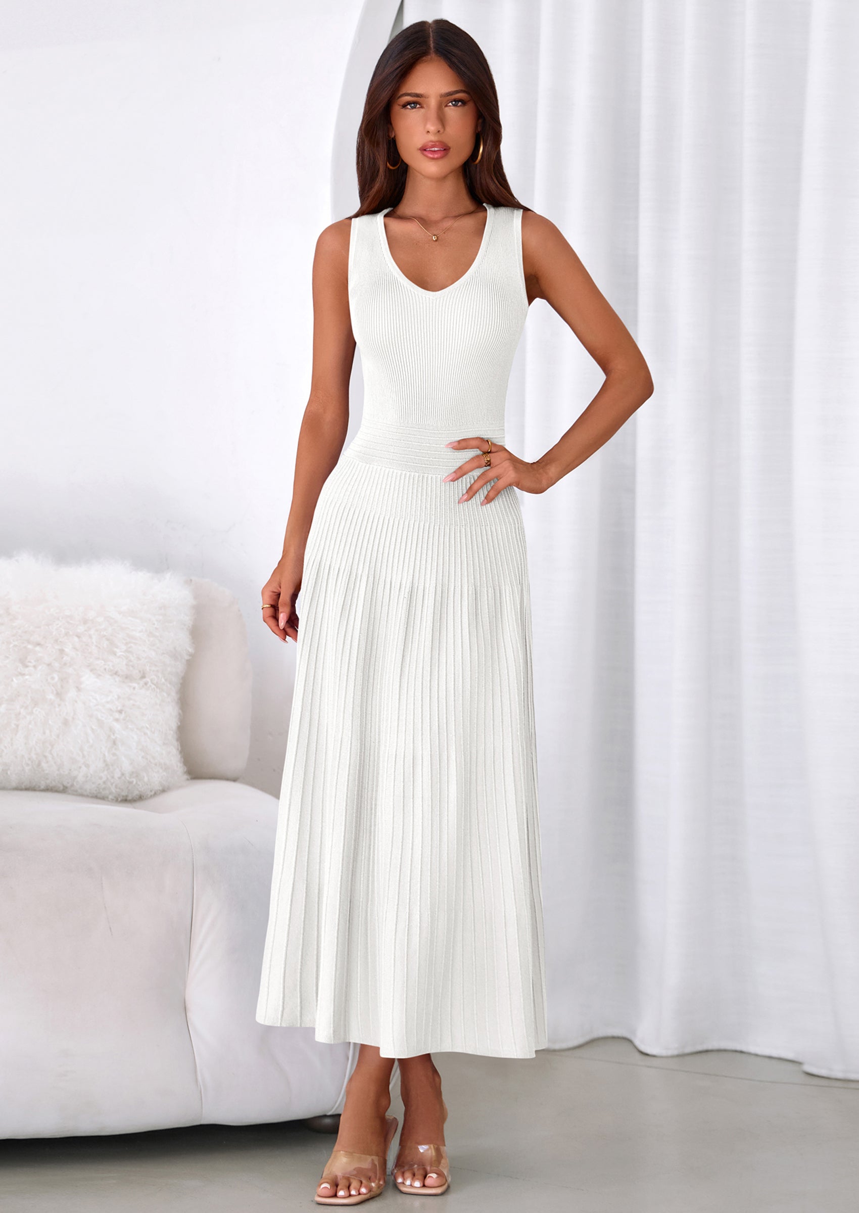 PRETTYGARDEN Women's Summer Casual Dresses Spring Sleeveless V Neck Midi Business Work A Line Pleated Cocktail Dress
