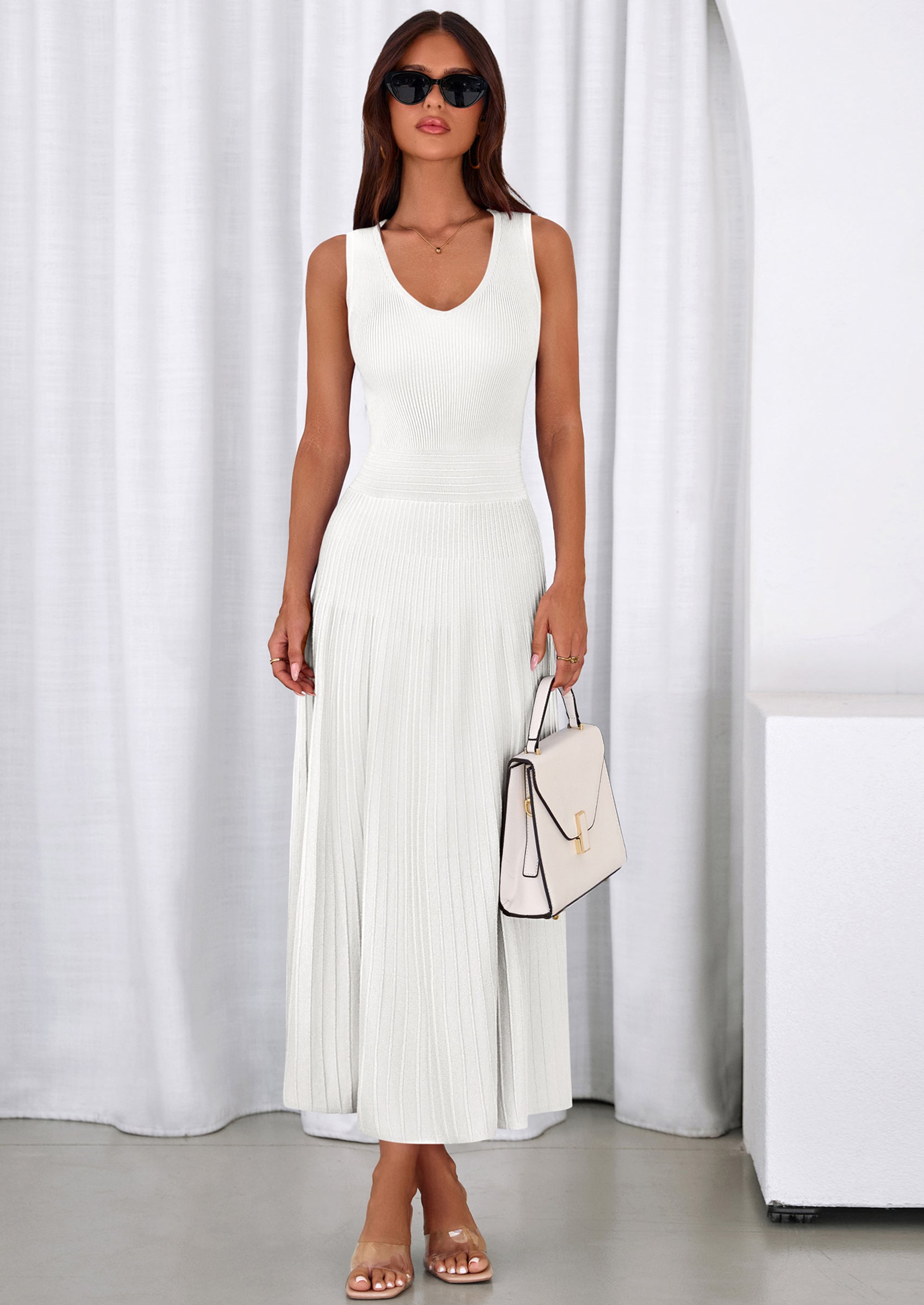 PRETTYGARDEN Women's Summer Casual Dresses Spring Sleeveless V Neck Midi Business Work A Line Pleated Cocktail Dress