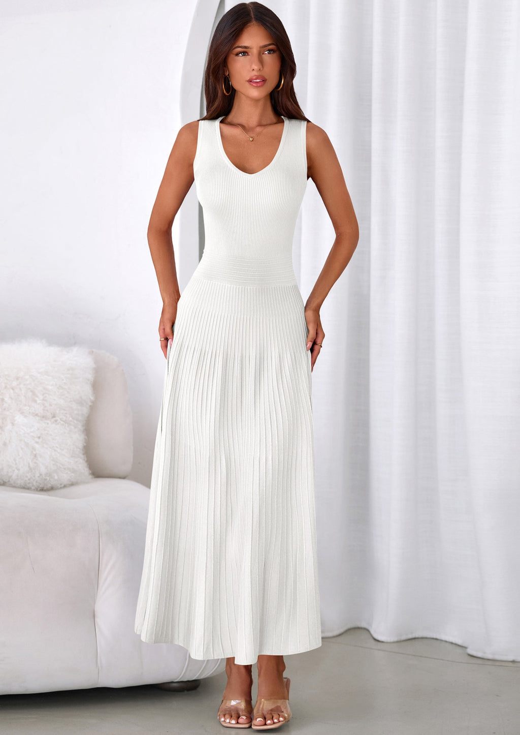 PRETTYGARDEN Women's Summer Casual Dresses Spring Sleeveless V Neck Midi Business Work A Line Pleated Cocktail Dress