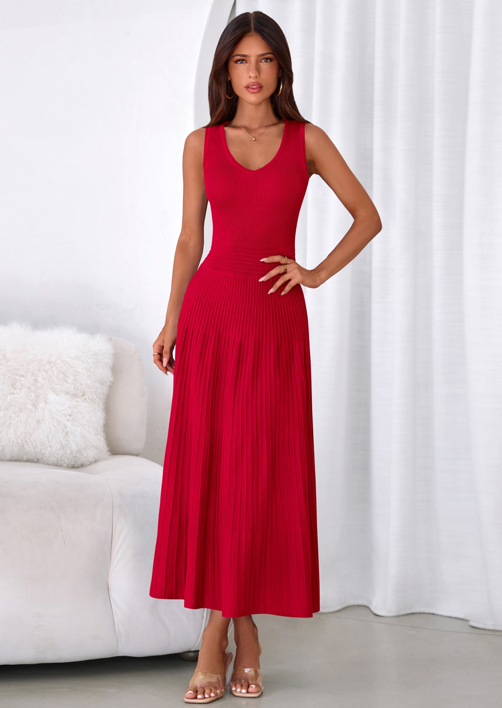 PRETTYGARDEN Women's Summer Casual Dresses Spring Sleeveless V Neck Midi Business Work A Line Pleated Cocktail Dress