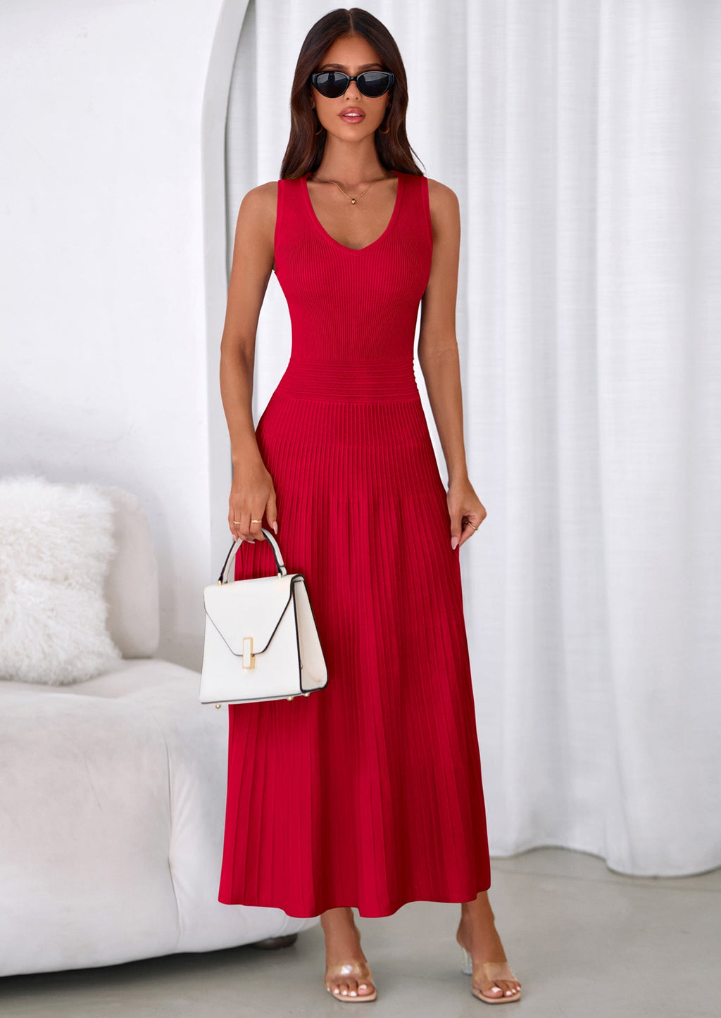 PRETTYGARDEN Women's Summer Casual Dresses Spring Sleeveless V Neck Midi Business Work A Line Pleated Cocktail Dress
