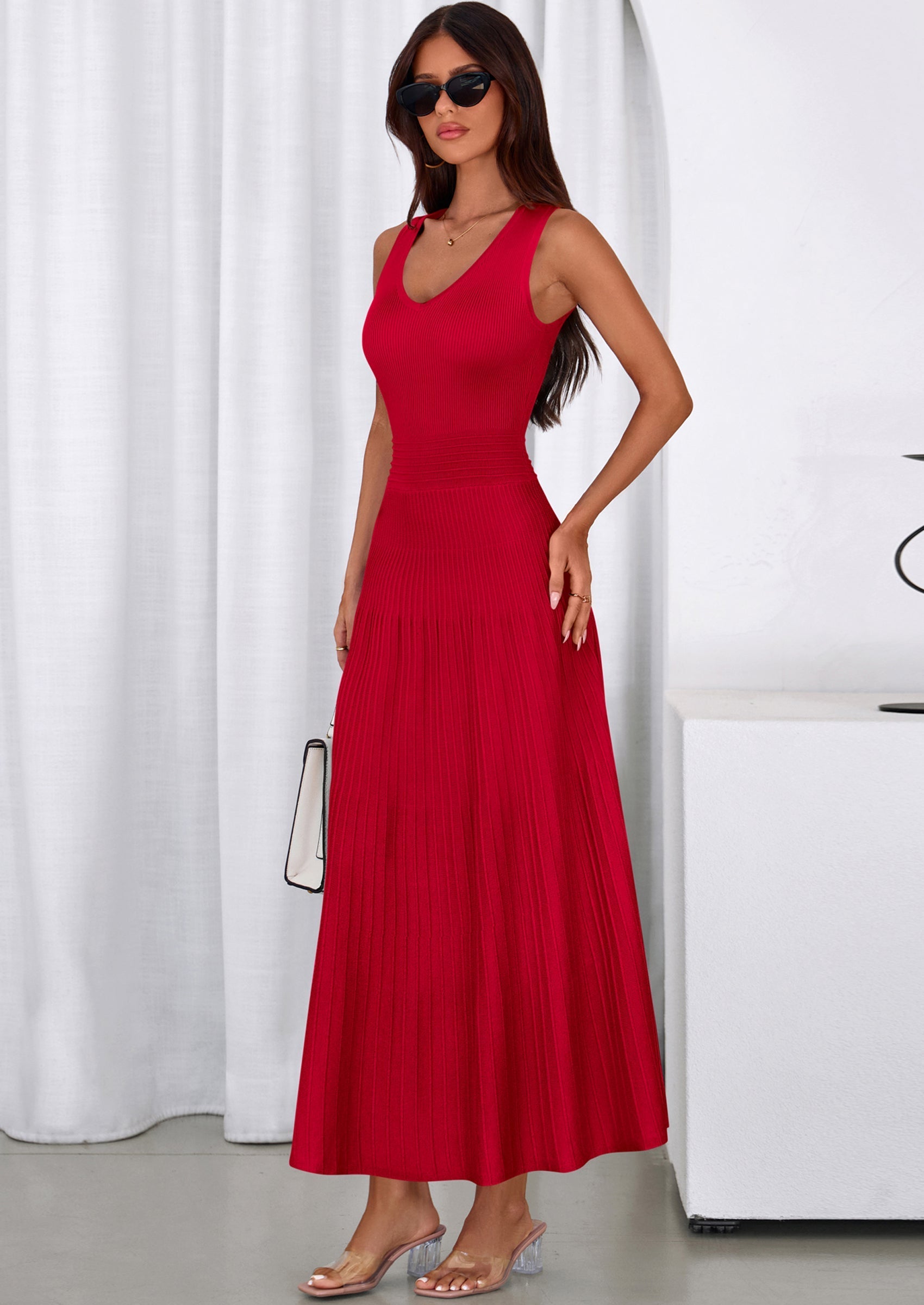 PRETTYGARDEN Women's Summer Casual Dresses Spring Sleeveless V Neck Midi Business Work A Line Pleated Cocktail Dress