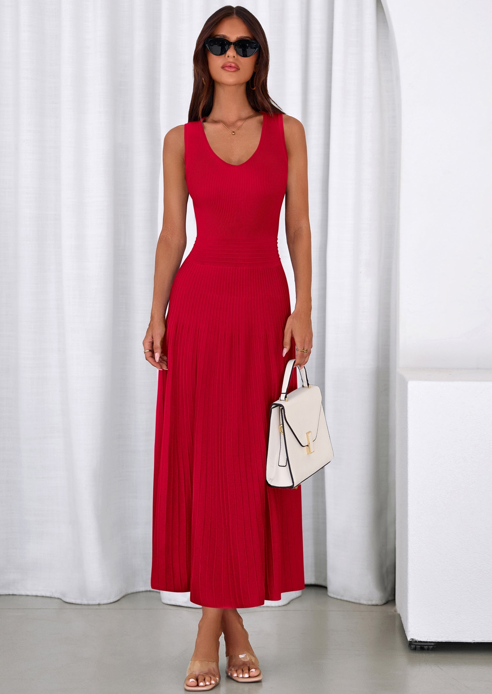 PRETTYGARDEN Women's Summer Casual Dresses Spring Sleeveless V Neck Midi Business Work A Line Pleated Cocktail Dress
