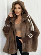 Women Plush Hooded Vertical Stripe Printed Casual Coat