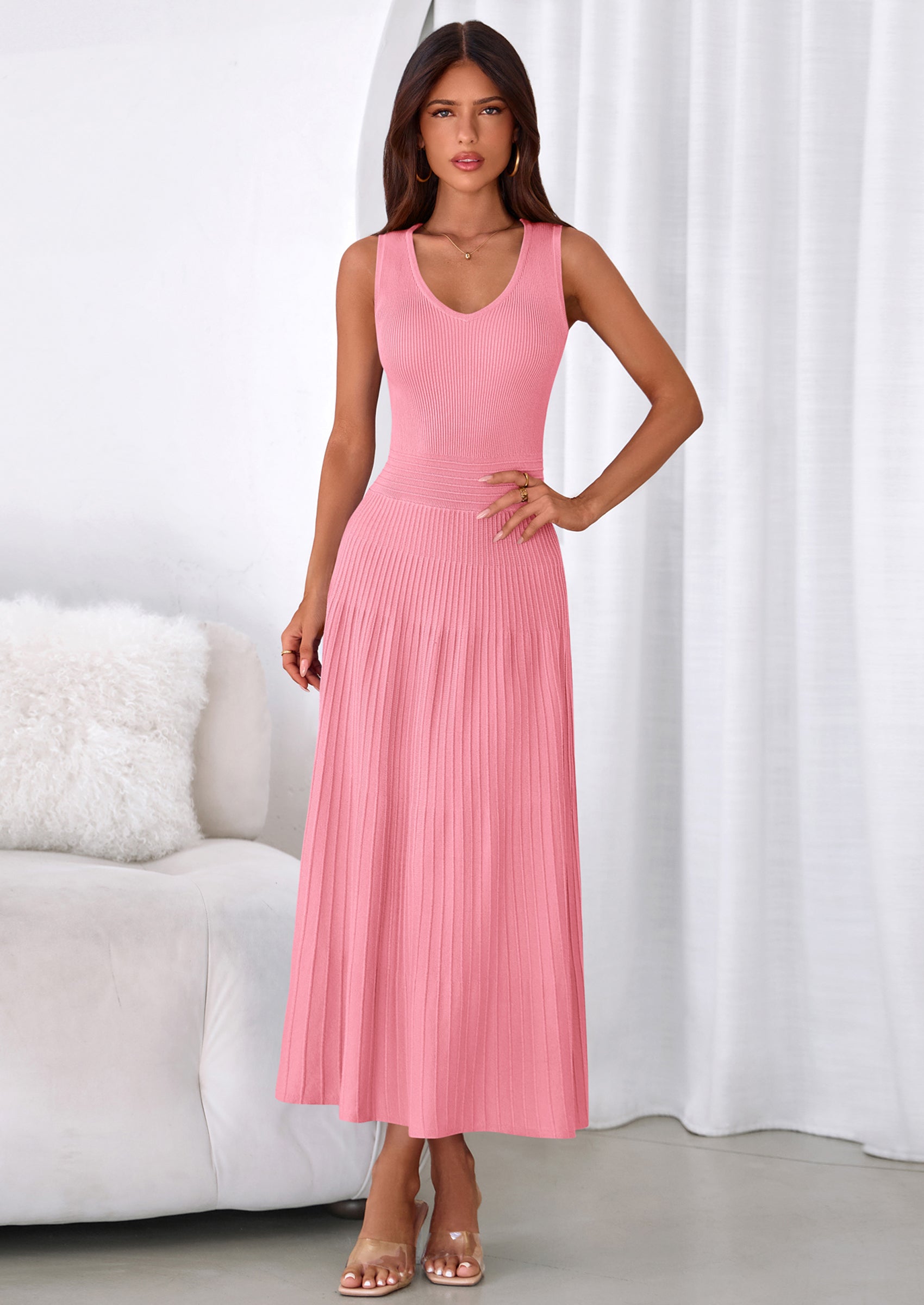PRETTYGARDEN Women's Summer Casual Dresses Spring Sleeveless V Neck Midi Business Work A Line Pleated Cocktail Dress