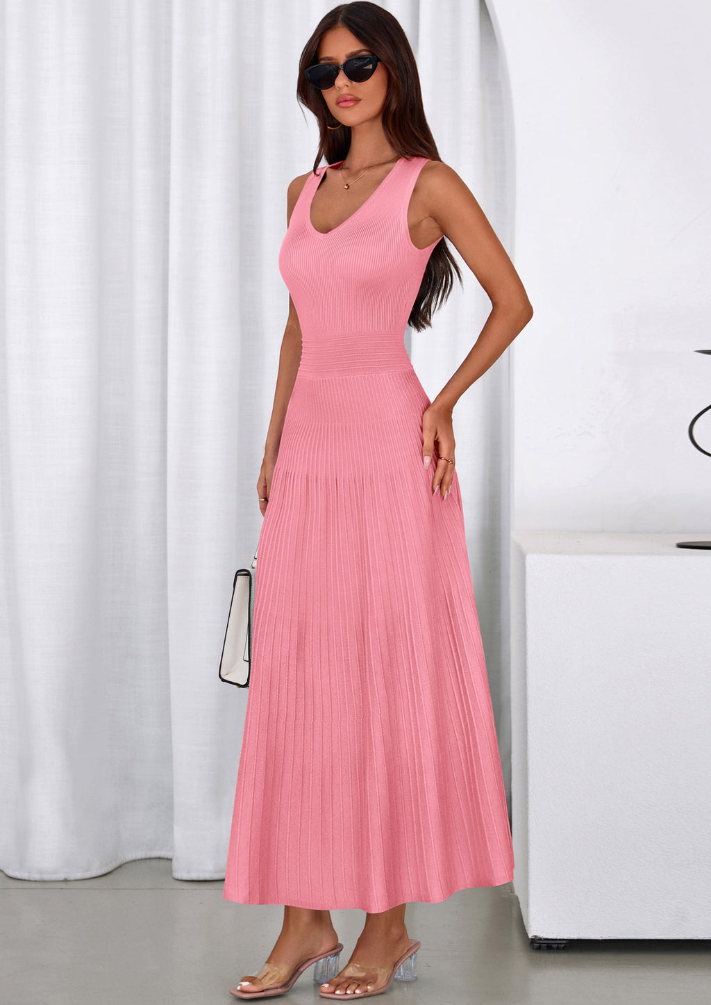 PRETTYGARDEN Women's Summer Casual Dresses Spring Sleeveless V Neck Midi Business Work A Line Pleated Cocktail Dress