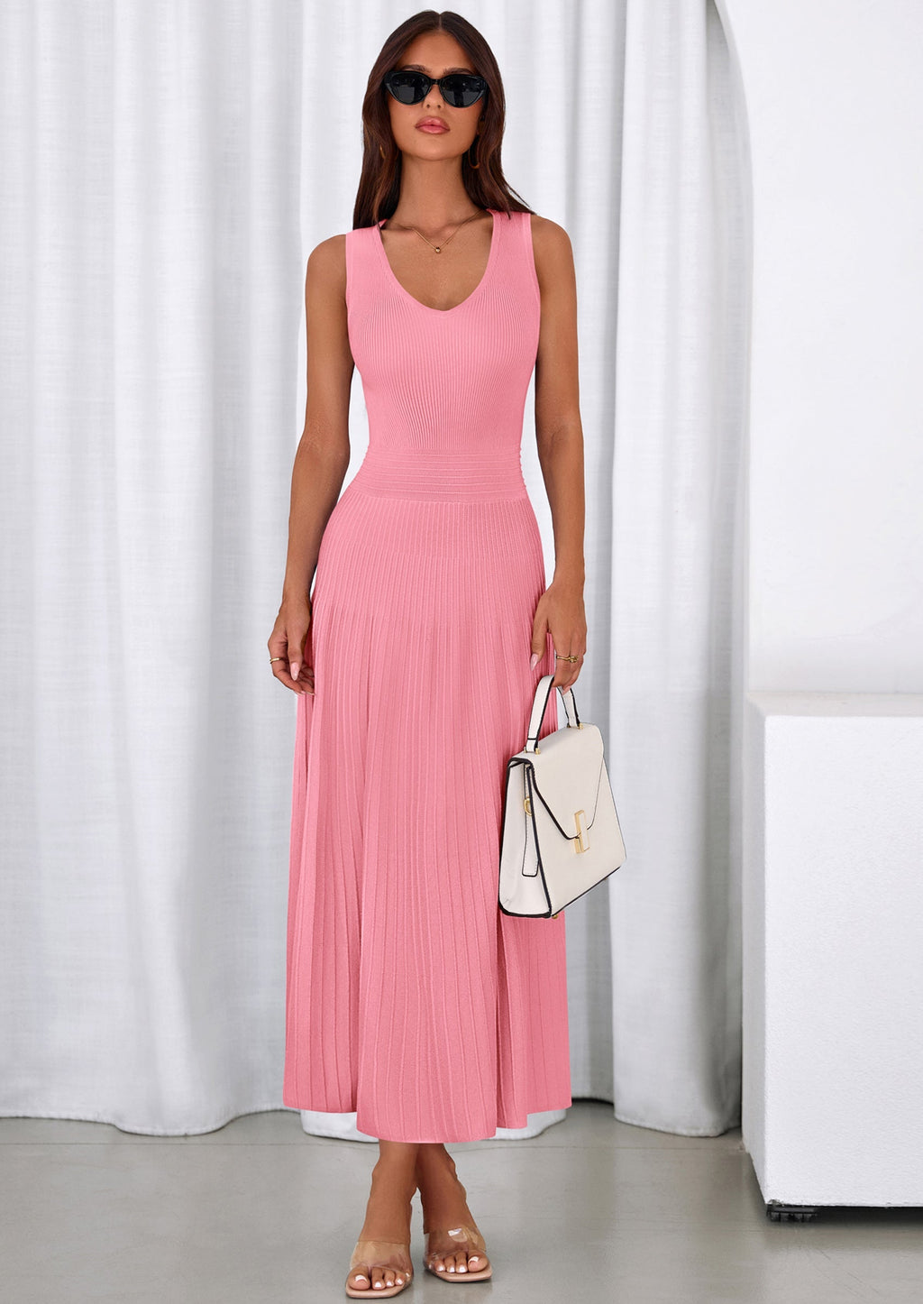 PRETTYGARDEN Women's Summer Casual Dresses Spring Sleeveless V Neck Midi Business Work A Line Pleated Cocktail Dress