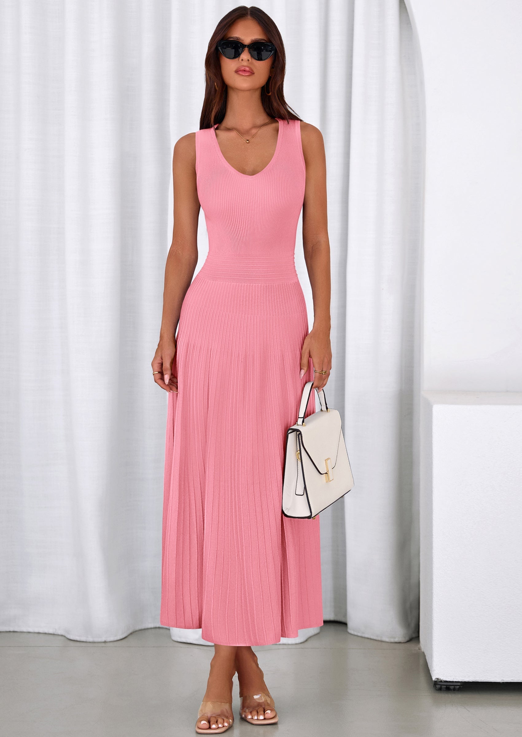 PRETTYGARDEN Women's Summer Casual Dresses Spring Sleeveless V Neck Midi Business Work A Line Pleated Cocktail Dress