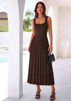 PRETTYGARDEN Spring Dresses for Women 2026 Summer Casual Sleeveless Square Neck A Line Knit Pleated Midi Cocktail Party Dress