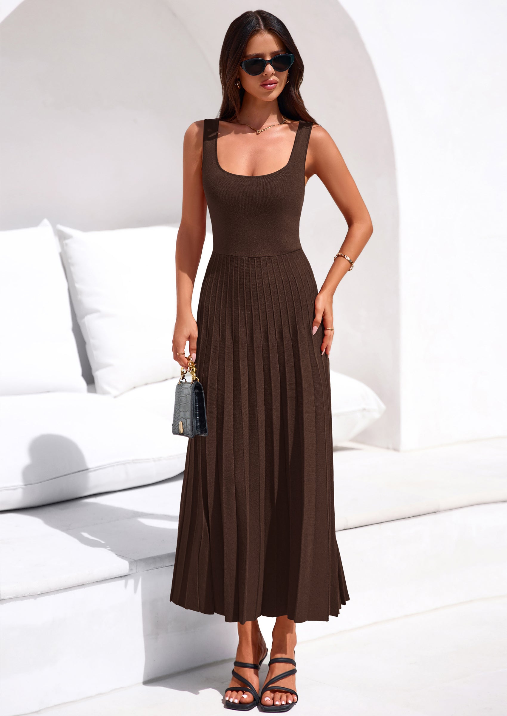 PRETTYGARDEN Spring Dresses for Women 2026 Summer Casual Sleeveless Square Neck A Line Knit Pleated Midi Cocktail Party Dress