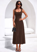 PRETTYGARDEN Spring Dresses for Women 2026 Summer Casual Sleeveless Square Neck A Line Knit Pleated Midi Cocktail Party Dress